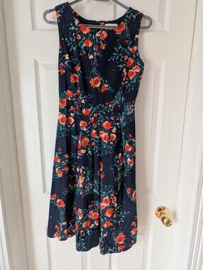 Navy Sleeveless Dress with Red Floral Print